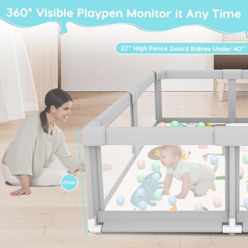 Fshibila Baby Playpen with Mat, Baby Playpens for Babies and Toddlers, BabyFence Play Pen for Indoor & Outdoor, Sturdy Safety Play Yard with Soft Breathable Mesh, 50 * 50 * 27 inches Grey - color: Grey, size: 50 x 50 IN+MAT
