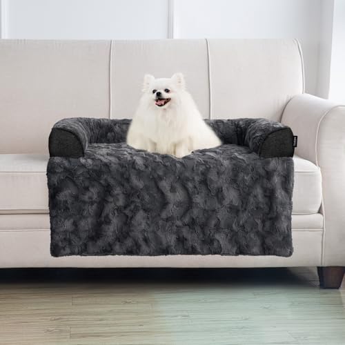 Calming Medium Dog Bed for Couch, 35 x 31 inch Removable Couch Cover for Dogs Washable, Non-Slip Fluffy Plush Dog Sofa Mat for Furniture Protector - Dark Grey - color: Dark Grey, size: Medium