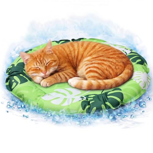 Drydiet Pet Cooling Mat for Cats and Small Dogs, 20.1'' x 20.1'' Thickened Round Blue Pad Anti-Grab Internal Gel Without Water Filling, Lightweight, Washable, Playmat for Indoor/Outdoor - color: Green Plant, size: 20.1'' X 20.1''