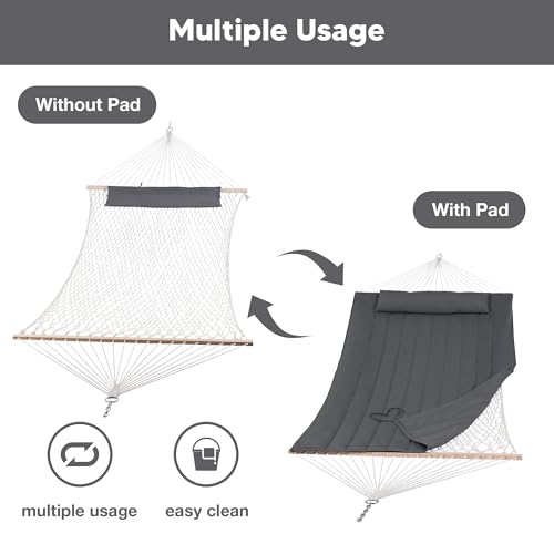 SUNCREAT Hammocks 2 Person Hammock with Hardwood Spreader Bar, Double Rope Hammock with Polyester Pad, Dark Gray - color: Dark Gray