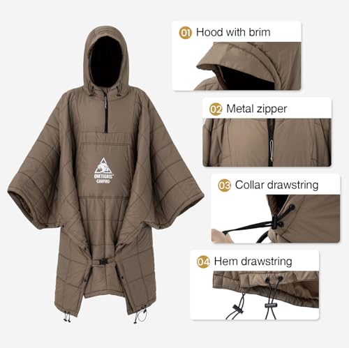 ONETIGRIS Camping Blanket Poncho with with Recycled Synthetic Insulation,Wearable Hoodie Blanket | Ultralight Water-Resistant Warm Camping Blanket for Outdoor, Hiking, Stadium - color: 2pcs-brown