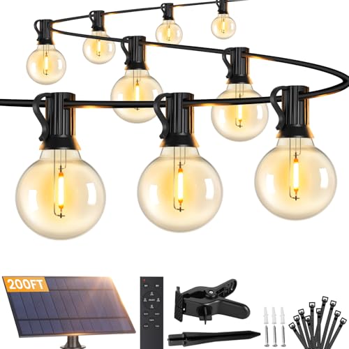 Brightever G40 Solar String Lights Outdoor with Remote, 200FT 72+2 LED Shatterproof Bulbs, Dimmable & Timable, 3 Lighting Modes, Waterproof Solar Power Outdoor Lights for Patio, Market, Wedding - size: 200FT