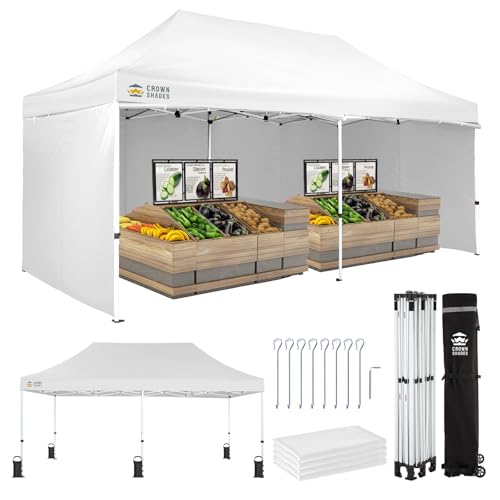 CROWN SHADES 10x20 Pop Up Canopy Tent, Thicken Frame Commercial Heavy Duty Tent, 4 Sidewalls 8 Stakes & 4 Sandbags & 4 Ropes, Outdoor Canopies for Events, Parties,White - color: White, size: 10x20 Heavy Duty