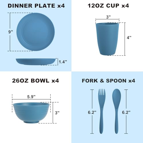 Wheat Straw Dinnerware Sets for 4, Reusable Plastic Dinner Plates, Unbreakable Kids Plates and Bowls Sets 20 PCS, Dishwasher & Microwave Safe Kitchen Camping Dorm Dish Sets- Blue - color: Blue, size: 20 PCS