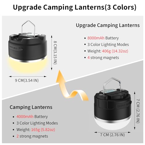 LED Camping Lantern Rechargeable 8000mAh, 3 Color Light Camping Tent Light, IP44 Waterproof Magnetic Hanging Light for Camping, Hurricane, Power Outages, Survival Kits, Black Emergency Light - style: Upgrade- Warm-White