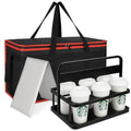 Bodaon XXXL Insulated Food Delivery Bag with Hard Bottom & 6-Cup Drink Carrier, Professional Pizza Delivery Bag for Commercial Catering, Thermal Frozen Grocery Bags, Heavy-Duty Hot Cold Carrier - color: Black-red Bag with Drink Carrier, size: 23" x 14" x