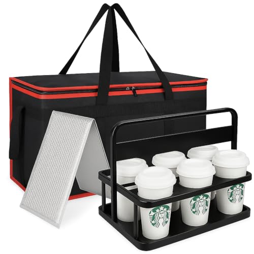 Bodaon XXXL Insulated Food Delivery Bag with Hard Bottom & 6-Cup Drink Carrier, Professional Pizza Delivery Bag for Commercial Catering, Thermal Frozen Grocery Bags, Heavy-Duty Hot Cold Carrier - color: Black-red Bag with Drink Carrier, size: 23" x 14" x