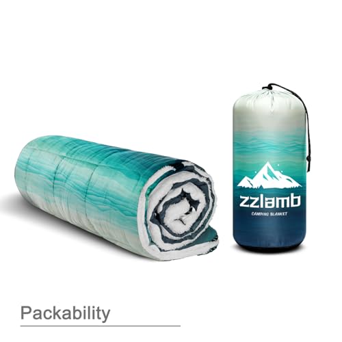 zzlamb Outdoor Camping Blanket with Sherpa Lining,Puffy Thick Camp Quilt for Sleeping,Packable Warm Wearable Fleece Blankets for Cold Weather,Traveling,Backpacking,Picnics,Beach,Stadium 52x75in - color: Sea Sonata