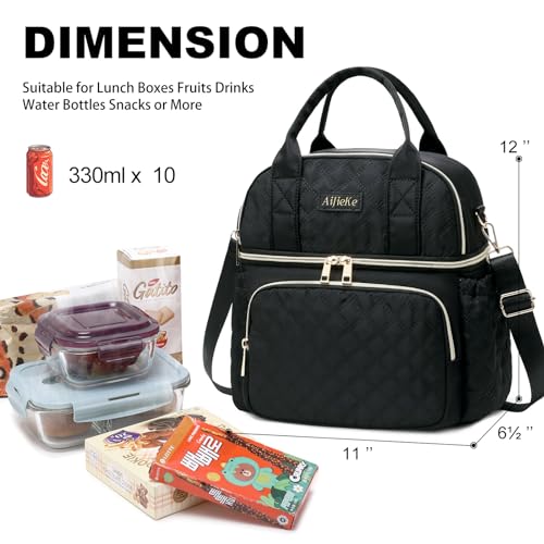 AIJIEKE Large Insulated Lunch Bag for Women, Double Compartment Leakproof Lunch Box for Work Office, Reusable Cooler Tote with Adjustable Strap & Side Pockets for Adults Picnic Beach, Black - color: Black