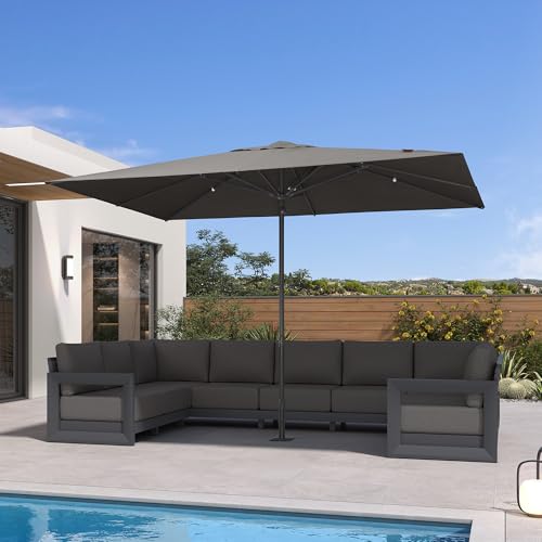 PURPLE LEAF 11' x 8' Rectangular Semi-Auto Outdoor Patio Umbrella Aluminium Market Umbrella Table Sun Umbrella with 1.89" Rod and 8 Sturdy Ribs for Deck Lawn Pool Garden, Gray - color: Gray, size: 8' x 11'