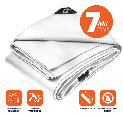 Heavy Duty 7 Mil Tarp Cover, Waterproof, UV Resistant, Rip and Tear Proof, Poly Tarpaulin with Reinforced Edges for Roof, Camping, Patio, Pool Cover, Boat (White 6′ X 8′) - color: White-7 Mil, size: 6′ X 8′