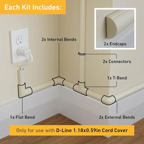 D-Line Medium Cable Raceway Accessory Pack, Join 1.18in x 0.59in Cord Cover Lengths, 10 Accessories Included, Hide Cords Around a Variety of Angles - Beige - color: Beige, size: 1.18x0.59in - 10 Accessories