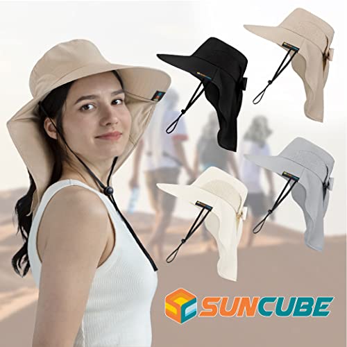 SUN CUBE Wide Brim Sun Hat with Neck Flap, UPF50+ Hiking Safari Fishing Hat for Men Women, Sun Protection Beach Hat - color: Tan With Bow