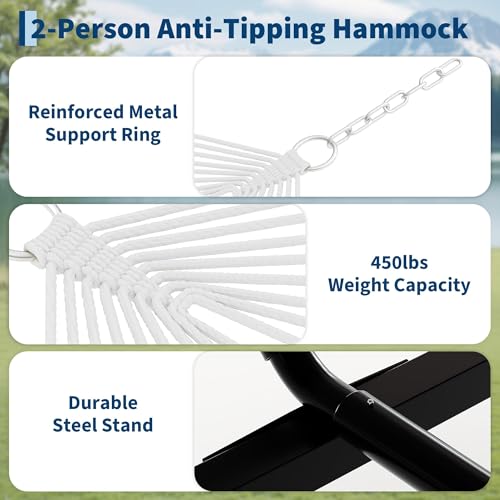 Garvee 2 Person Outdoor Hammock with Stand, Heavy Duty Portable Double Hammock with Balance Rope, MAX 450 LBS Capacity for Patio, Backyard, Garden, Beach - color: Burgundy Brown Stripes, size: Sheep Horn Bracket