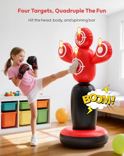QPAU 360° Rotatable Kids Punching Bag - 64" Boxing Bag with 4 Targets & Kids Boxing Gloves, Inflatable Punching Bags with Hand Pump, Karate Taekwondo Training Christmas Birthday Gift Boys Girls