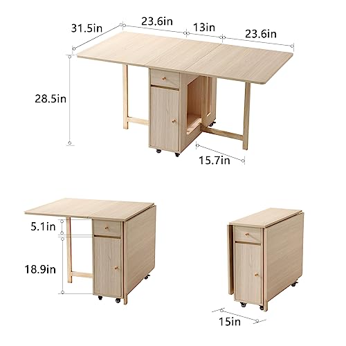 COMUHOME Extendable Drop Leaf Folding Dining Table with 2 Drawers and 4 Wheels for Living Room Kitchen Farmhouse Space Saving Table in Wood Color - color: Wood