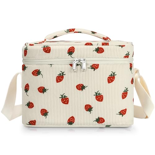 TESAFNG Insulated Lunch Bag for Women, Cute Corduroy Reusable Lunch Box for Adult, Leakproof Cooler Bag for Work Office Travel Picnic, Lunch Tote Bag with Adjustable Shoulder Strap (Strawberry) - color: Strawberry