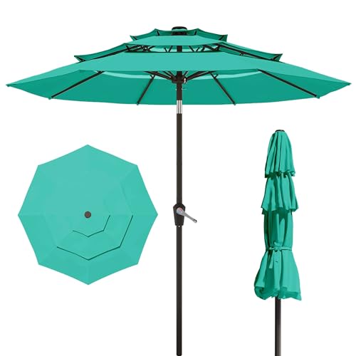 10FT Patio Umbrella 3 Tiers Outdoor Market Umbrella w/Push Button Tilt, Crank, UV and Waterproof Table Umbrella for Garden, Pool, Backyard, Deck, Lawn, Turquoise Blue - color: Turquoise Blue