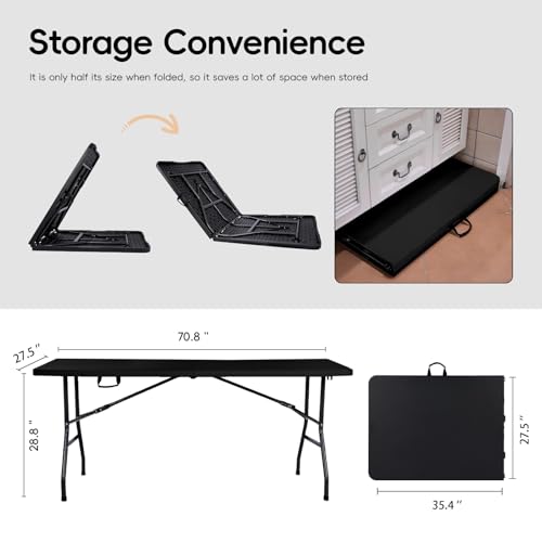 pollilar Folding Table 6FT HDPE 6 Foot Foldable Table Portable Banquet Surface Fold-in-Half Desk Utility for Working Meeting Parties, Picnic, Camping, Weddings, Catering, Garden Dining-Black - color: Black