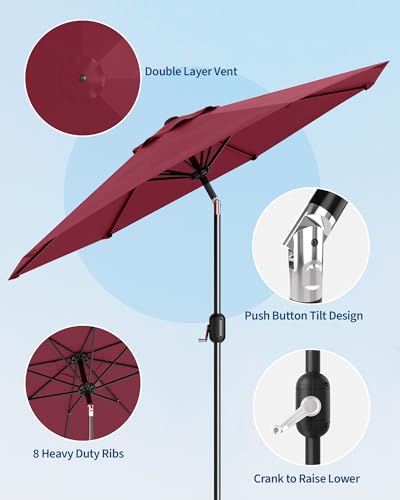 GarveeLife Outdoor Patio Umbrella, Table Market Umbrella with Push Button Tilt and Crank, 8 Sturdy Ribs UV Protection Waterproof for Garden, Deck, Backyard, Pool - color: Dark Red, size: 9ft