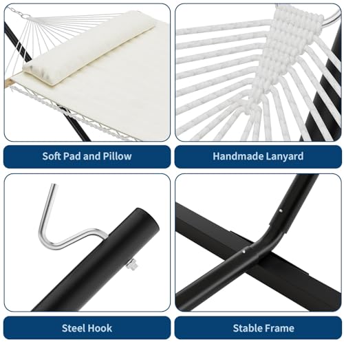 Double Hammock with Stand,450lbs Capacity, 2 Person Cotton Rope Portable Hammock with Polyester Quilted Pad and Pillow,for Garden Yard,Camping and Patio.Off White. - color: Off White