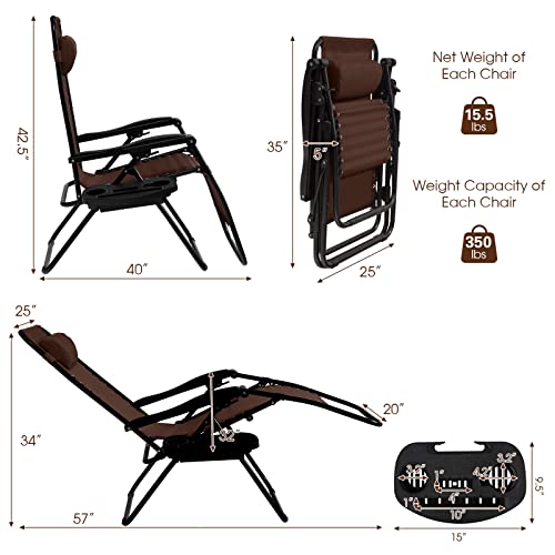 Goplus Zero Gravity Lounge Chairs, 160°Adjustable Folding Recliner w/Pillow and Cup Holder, 350LBS Comfy Outdoor Lounge Chairs for Patio, Lawn, Yard & Camp(1, Brown) - color: Brown, size: 35.4" x 25.2" x 43.3" (Set of 1)
