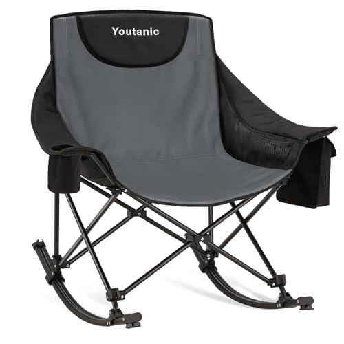 Youtanic Oversized Folding Rocking Camping Chair, Padded Portable Rocking Chair with Pockets, Cup Holder and Carry Bag, Heavy Duty Outdoor Rocker Patio Chair for Garden, Lawn, Yard, Up to 400lbs, Gray - color: Gray-black