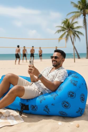 Inflatable Lounger with No-Pump Setup, Floating Portable Air Chair, Ripstop Polyester, Stability Peg for Beach, Camping, Festivals, Tailgating (Volleyball) - style: Volleyball