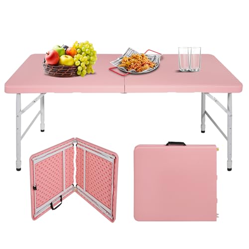 Portable Plastic Folding Table 4ft/6ft/8ft Heavy Duty White Black Picnic Dining Table Fold-in-Half for Camp Party Kitchen Indoor Outdoor - color: Pink, size: 4FT, style: Flat Desktop