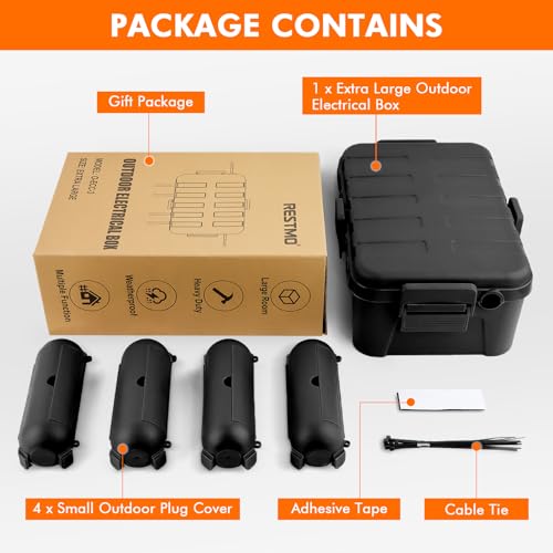 RESTMO 5-Piece Outdoor Waterproof Electrical Box Set – 12.5" x 8.5" x 5" Large & 7.1" x 2.3" x 2.3" Small, Weatherproof Boxes for Power Strip, Outlet, Plug, Socket, Timer, Holiday Light, Black - color: Black
