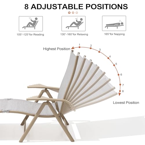 Crestlive Products Chaise Lounge Chair Outdoor Set of 2, Aluminum Folding Patio Recliner Chair, Adjustable 8 Positions Assemble-Free Perfect for Beach, Yard, Pool, Deck（Multi-Color） - color: Multi-color, size: 2 Pcs