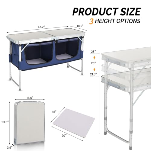 Camping Kitchen Station, 3 Adjustable Height Folding Outdoor Camp Cooking Table with Storage Organizer, Quick Set-up for Patio BBQ Picnic Glamping Traveling