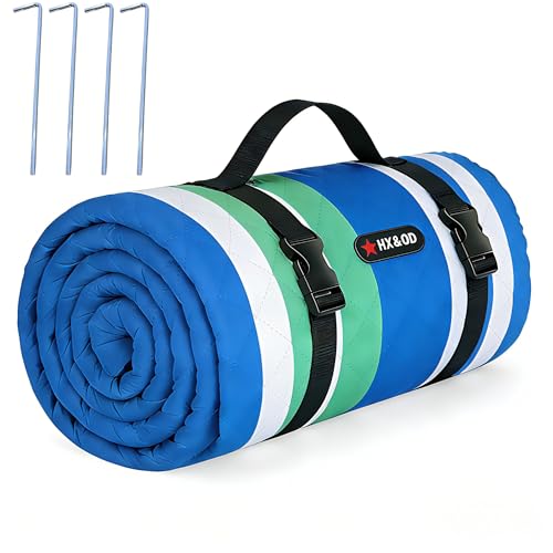HX&OD Outdoor Picnic Blanket Extra Large, 80''*60'' Waterproof Picnic Mat with Stakes Foldable Camping Blanket Portable with Carry Strap for Beach Mat (Green& White, 80''*60'') - color: Blue, size: 5' x 6'8" (Rectangular)