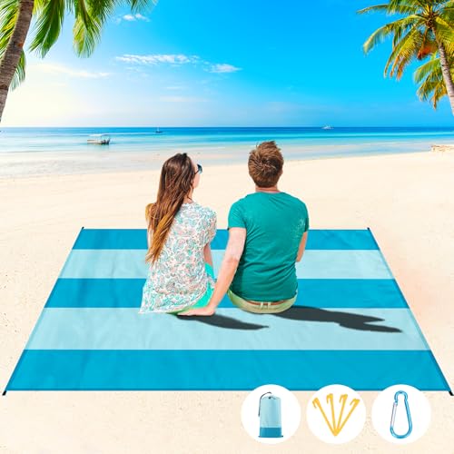 Beach Blanket Waterproof Sandproof 1-7 Adult Oversized 78 '' × 110 '' Lightweight Durable Compact Sand Free Extra Large Beach Mat for Travel Camping Hiking Picnic Blanket - color: 2cyan, size: 78“x110”