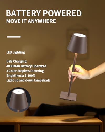 KDG 2 Pack Cordless Table Lamp,Portable LED Desk Lamp, 4000mAh Battery Operated, 3 Color Stepless Dimming Up, for Restaurant/Bedroom/Bars/Outdoor Party/Camping/Coffee Shop Night Light(Brown) - color: Brown-2