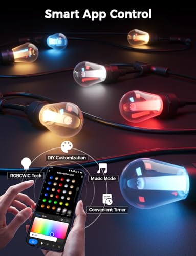 XMCOSY+ Outdoor String Lights Smart, 49Ft RGBCWIC Patio Lights Waterproof, App Control, Compatible with Alexa, Color Changing LED String Light for Outside Yard Garden Porch - size: 49Ft-Classic Bulb