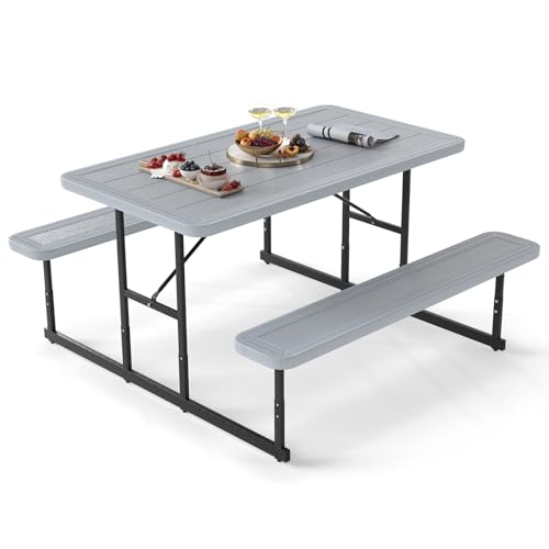 Giantex Picnic Table Bench Set for 4 People, 4.5FT Outdoor Rectangular Dining Table & 2 Benches w/Umbrella Hole, HDPE Tabletop, Metal Frame, Patio Garden Backyard Poolside (4.5FT,Non-Foldable,Gray) - color: Grey, size: Rectangle-54"x28"x30"