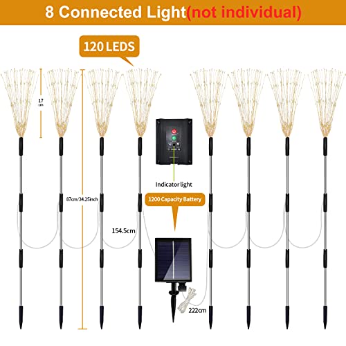 Maleyt 8 Pack Outdoor Solar Garden Lights, Firework Lights Solar Powered 8 Modes, Solar Landscape Lamp Outside Decor with Remote Control,120 LED Waterproof DIY String Lights (Warm) - color: Warm