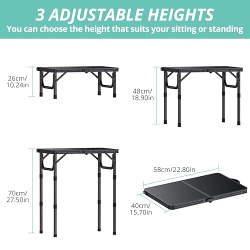 VINTEAM Camping Folding Table with Adjustable Height, Lightweight Portable Outdoor Picnic Table, BBQ Grill Side Table, Durable Aluminum Frame, MDF Desktop for Camping, Fishing, RV, Beach (Black) - style: 2-Fold MDF Tabletop