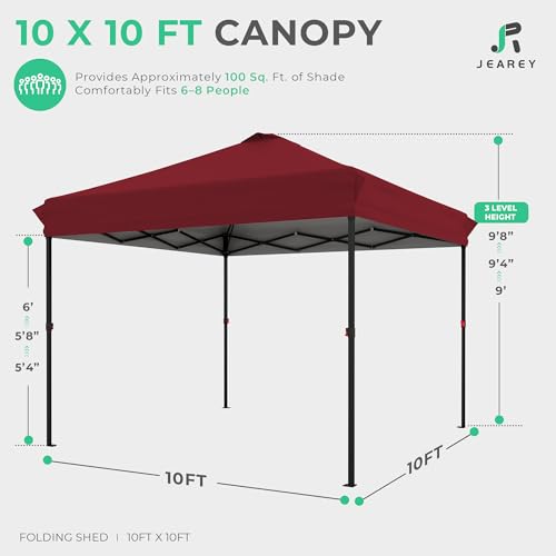 JEAREY 10x10 Pop Up Canopy Tent, Heavy Duty Outdoor Canopy with 1-Push Instant Setup, Commercial Tent with Roller Bag, 4 Sandbags and 8 Stakes, Water-Resistant, Red - color: Red