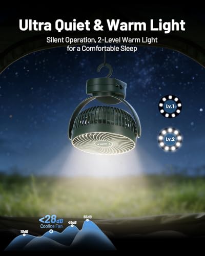 Camping Fan with Remote Control - 12000mAh Rechargeable Battery Powered Fan, Camping Fans for Tents with LED light & Hanging Hook, Rechargeable Battery Operated Ceiling Fans for Tent RV Bed, Green - color: Green