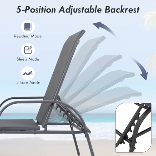 Giantex 2 Pack Patio Lounge Chair, Outdoor Chaise Lounge with 5 Adjustable Backrest, Sturdy Steel Frame, Sunbathing Recliner, Tanning Chair for Beach, Outside, Yard, Balcony, Pool Chairs (2,Dark Gray) - color: Dark Gray