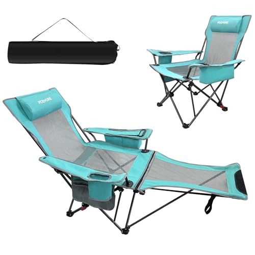 Reclining Camping Chair 4 Position with Foot Rest Comfortable for Adults 265Ibs Folding Lounger Mesh Beach Chair with Cooler Bag and Cup Holder for Outdoor Patio - color: Cyan, style: Single - No Cotton Pad