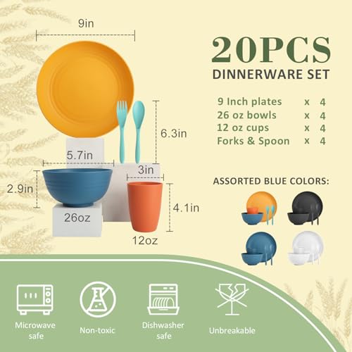 Wrova Wheat Straw Plates and Bowls Set with Flatware,20-piece Unbreakable Kids Plates and Bowls sets,Dishwasher Safe Wheat Straw Dinnerware Sets for Kitchen,Camping,Apartment and Dorm.Vibrant Series - color: Vibrant Series, size: 20 Pack
