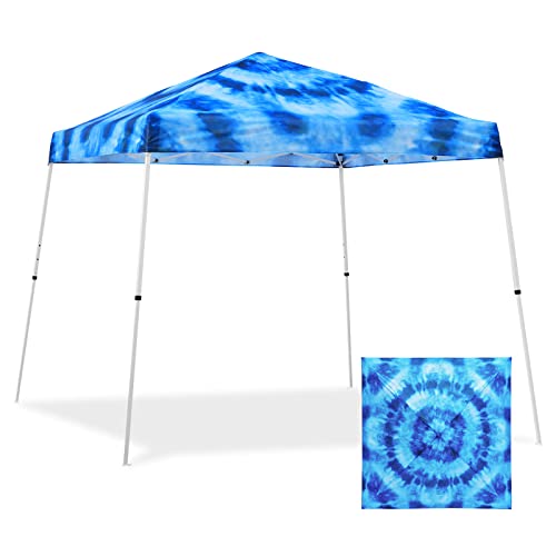EAGLE PEAK 10x10 Slant Leg Pop-up Canopy Tent Easy One Person Setup Instant Outdoor Beach Canopy Folding Portable Sports Shelter 10x10 Base 8x8 Top (Tie Dye Blue) - color: Tie Dye Blue, size: 10x10