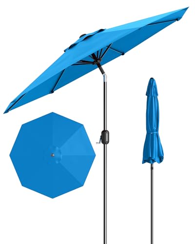 GarveeLife Outdoor Patio Umbrella, Table Market Umbrella with Push Button Tilt and Crank, 8 Sturdy Ribs UV Protection Waterproof for Garden, Deck, Backyard, Pool - color: Sky Blue, size: 9ft