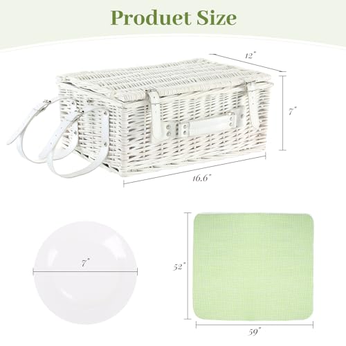 Neti Neti Wicker Picnic Basket for 4 with Insulated Cooler & Waterproof Blanket – Large Willow Picnic Hamper for Outdoor, Camping, Beach, Romantic Dates, Valentine’s Day - color: Green Plaid