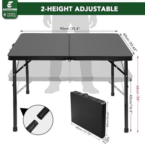 E EASTSTORM 35 inch Folding Table for 4 Person, Heavy-Duty Metal Tabletop, 2 Adjustable Height Camping Table, Portable Outdoor Table with Carrying Handle,for Patio, Picnic, Parties, BBQs, Black - color: Black-35inch
