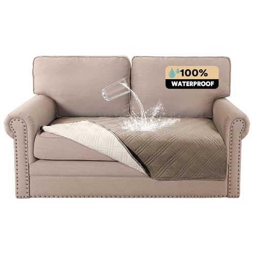 PrinceDeco Waterproof Sofa Bed Cover Washable，Thick Loveseat Couch Covers for 2 Cushion Couch Sofa Pet Friendly, Pet Couch Covers Furniture Protector for Dogs Cats ((Taupe,40x48 Inch) - color: Taupe, size: Seat-Loveseat