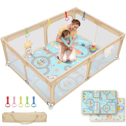 Dripex Baby Playpen with Mat, 71"x47" Play Pen for Toddlers 1-3 Years, Soft Breathable Visible Mesh, Indoor/Outdoor Portable Play Yard with Mat, Safe Baby Fence Play Area, Beige - color: Beige, size: 71"×47" with Mat
